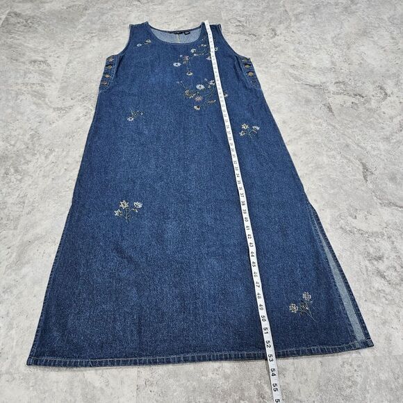 MPH Collection 90's Denim Jumper Dress Women XL Jean Floral Embroidery Beaded - Picture 6 of 12
